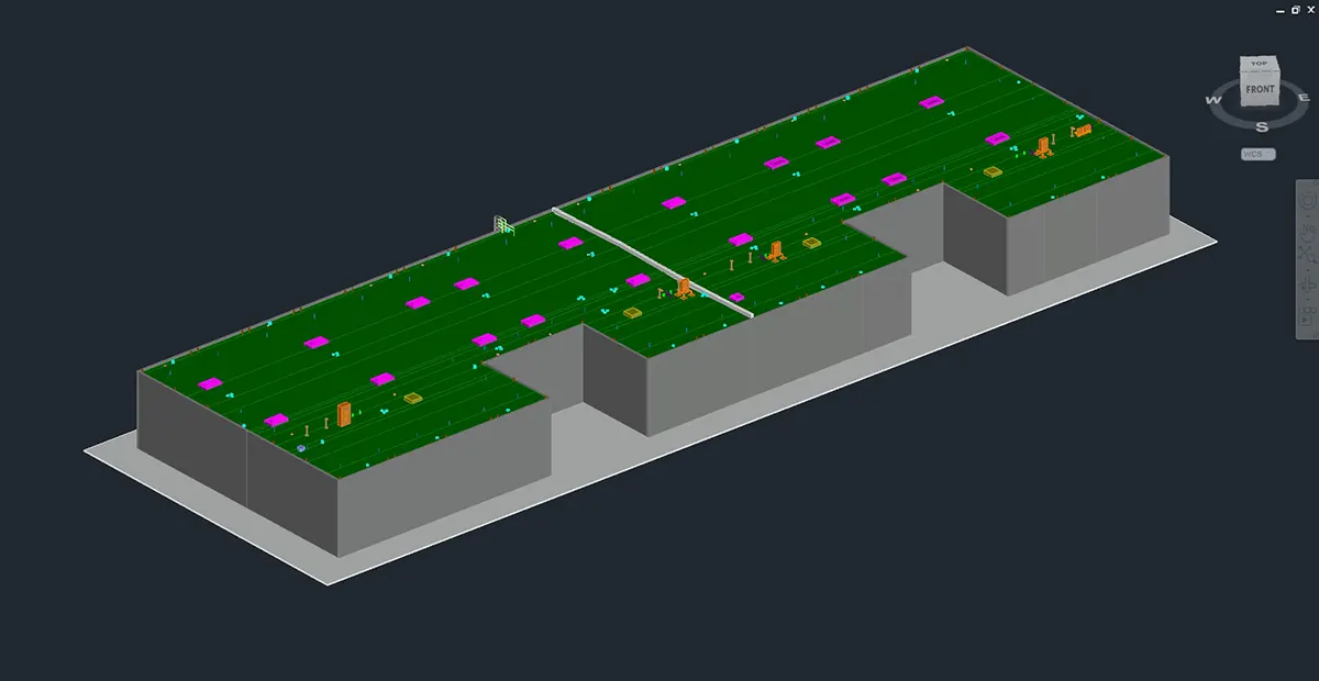 3D CAD Model Generated from As-Built Data 3D CAD model derived from a floor plan and as-built data, showing an extruded building layout for coordination and documentation.