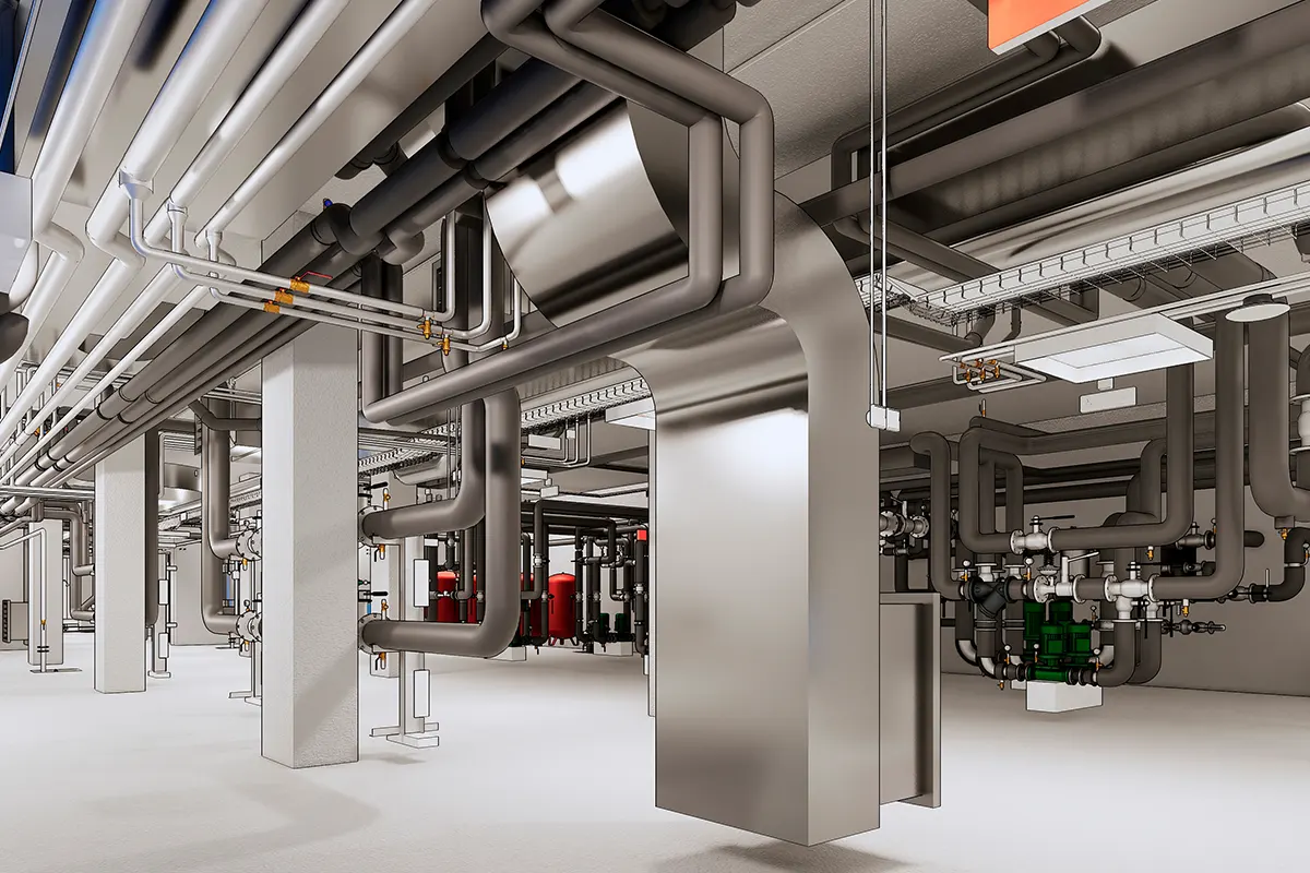 BIM MEP Mechanical Room Model for Coordination and Clash Detection Detailed BIM MEP 3D model of a mechanical room with piping, cable trays, valves, and equipment for coordination and clash detection.