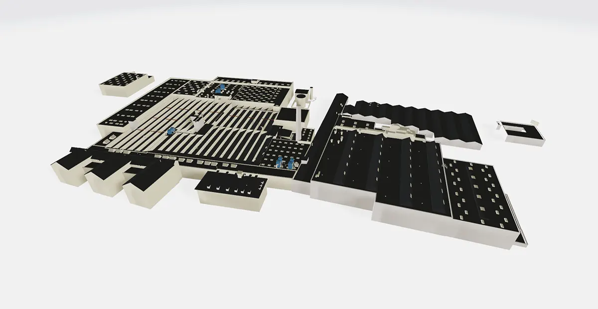 3D CAD Digital Twin Model Without Textures Simplified 3D CAD model of an industrial building complex without textures, suitable for planning, measurements, and downstream workflows.