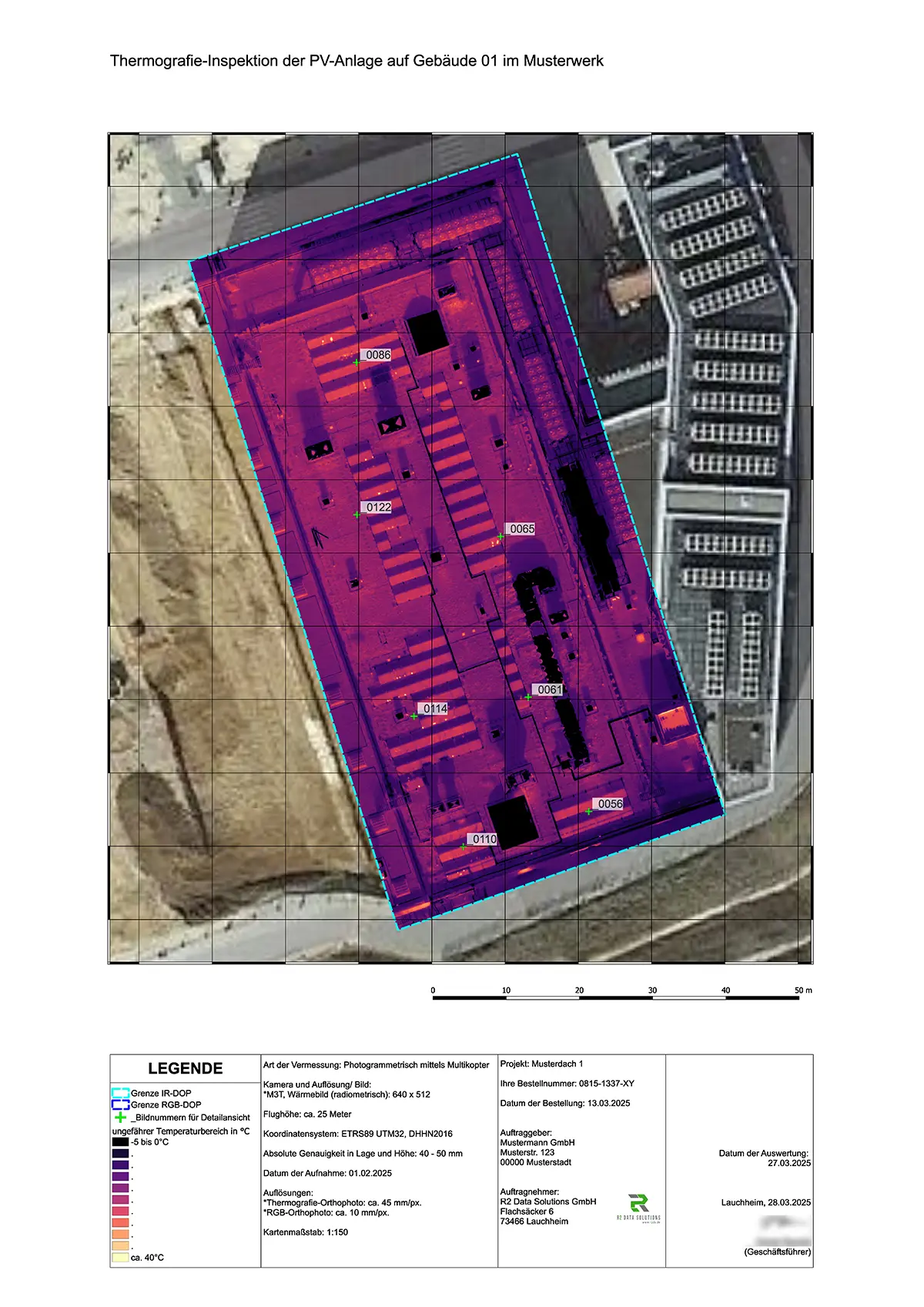 Thermal imaging analysis: Drone Thermography Inspection of a Solar PV Roof Thermal imaging analysis: Thermal orthophoto of a rooftop solar PV system with flagged anomalies, used to identify hotspots and potential defects.
