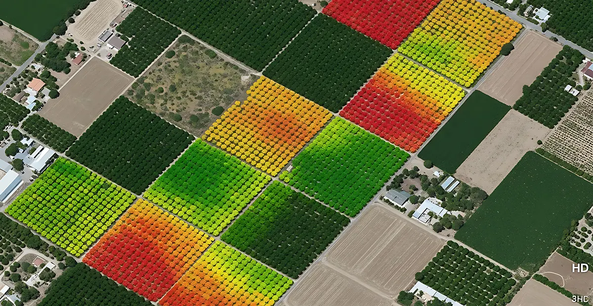 Multispectral NDVI Map for Agricultural Monitoring Multispectral NDVI map across multiple agricultural fields, showing vegetation vigor patterns for monitoring and decision-making.