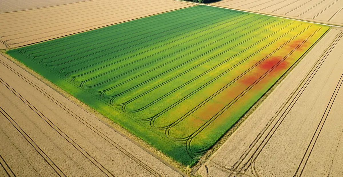 NDVI Calculation from Multispectral UAV Imagery NDVI map from multispectral drone imagery over a crop field, highlighting vegetation health differences with green-to-red index values.