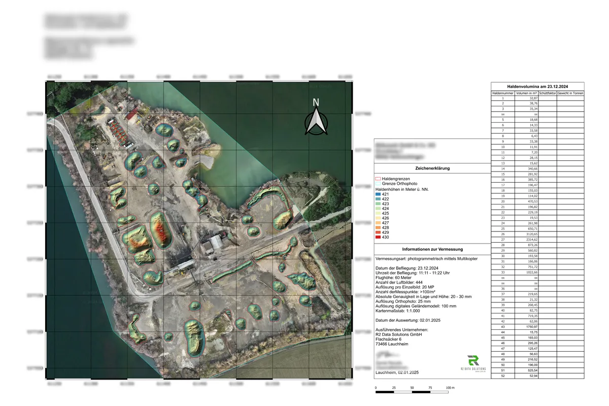 Stockpile Survey: Orthophoto Map with Volume Calculation Report Orthophoto-based stockpile survey map with outlined piles, elevation labels, and a volume calculation table for material quantities.
