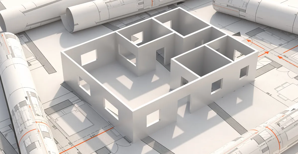 3D-CAD-Modell eines Gebäudegrundrisses auf Architektur-Bauplänen mit aufgerollten Konstruktionszeichnungen im Hintergrund.
