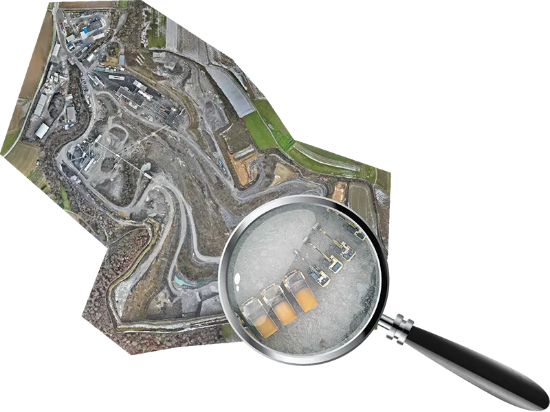 Digital orthophoto (DOP) shown as a georeferenced, orthorectified aerial image of a site with a zoom detail for GIS mapping and measurements.